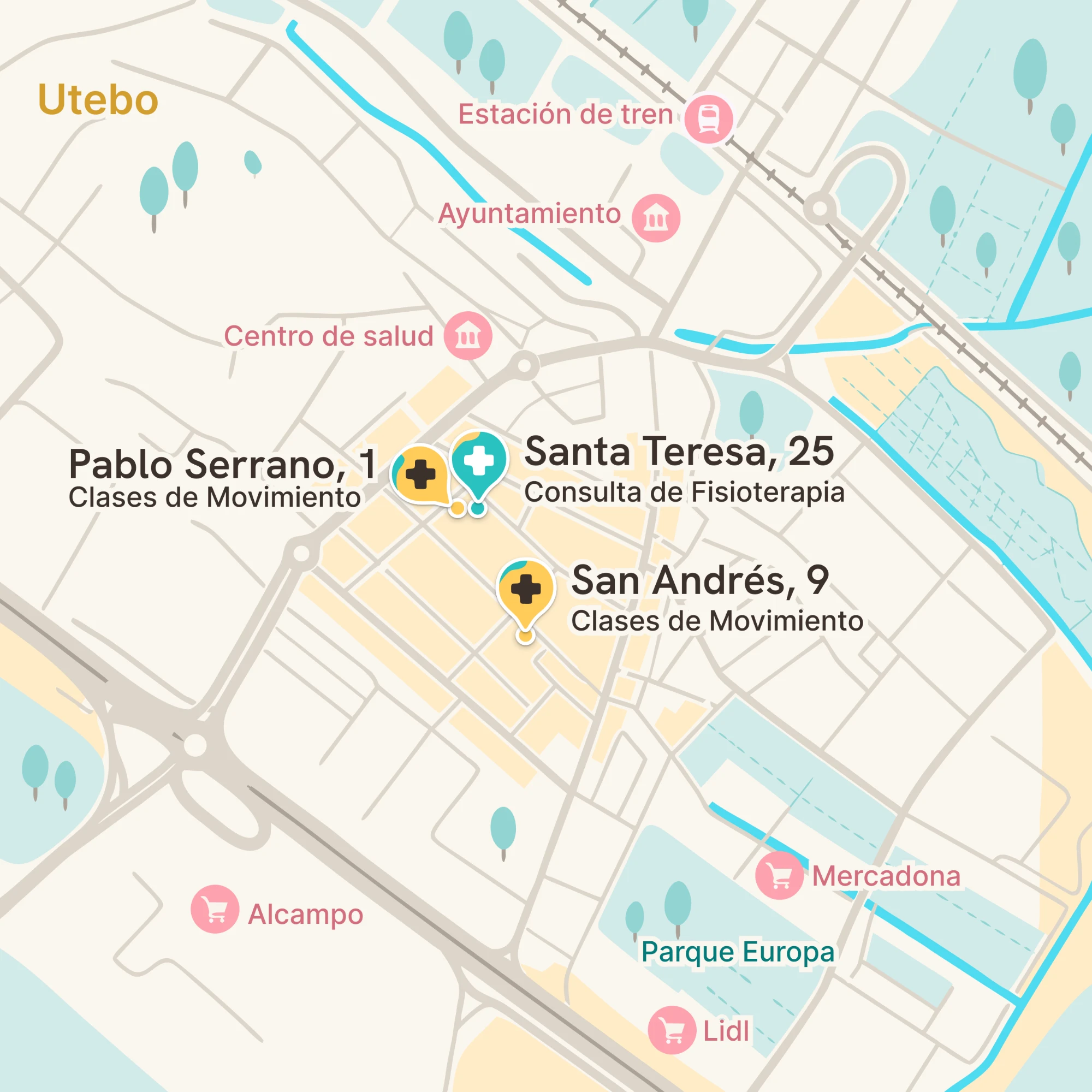 Mapa ilustrado de Utebo con los tres espacios: consulta de Fisioterapia en Santa Teresa 25, y clases de Movimiento en Pablo Serrano y en San Andrés.